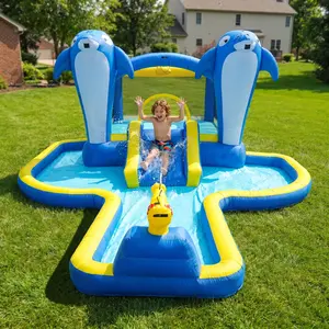 Dolphin Inflatable Bounce House with Water Slide, Splash Pool & Air Blower, Blow Up Jumper Bouncy Castle with Sticky Ball, Outdoor Backyard Water Park Toy for Kids Ages 3+