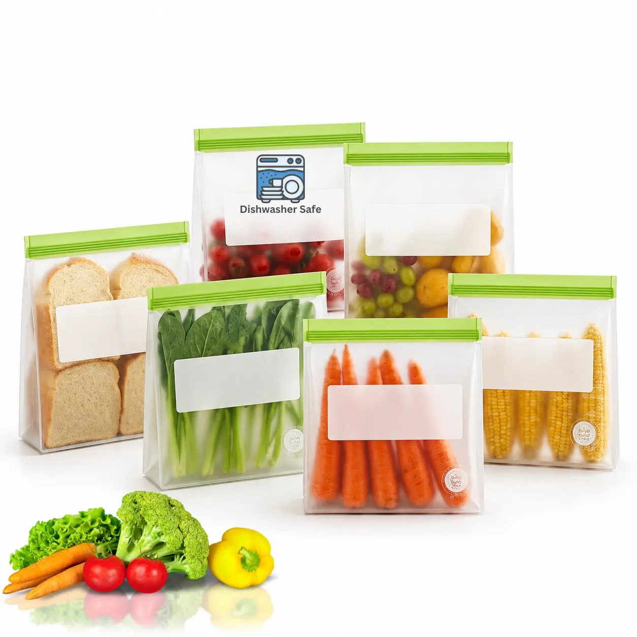 Reusable Kitchen Food Storage Bags - 6-Pack Gallon Stand-Up Baggies, BPA-Free, Airtight Leakproof, Transparent, Handy, Washable, Freezer & Dishwasher Safe, Eco-Friendly Multicolor (Green) Organizers