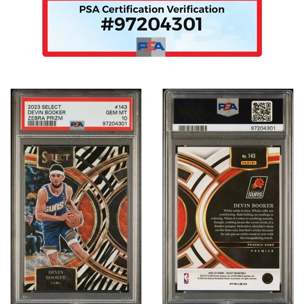 PSA Gem MT 10 2023 Select Devin Booker Zebra Prizm PA#143 Gem