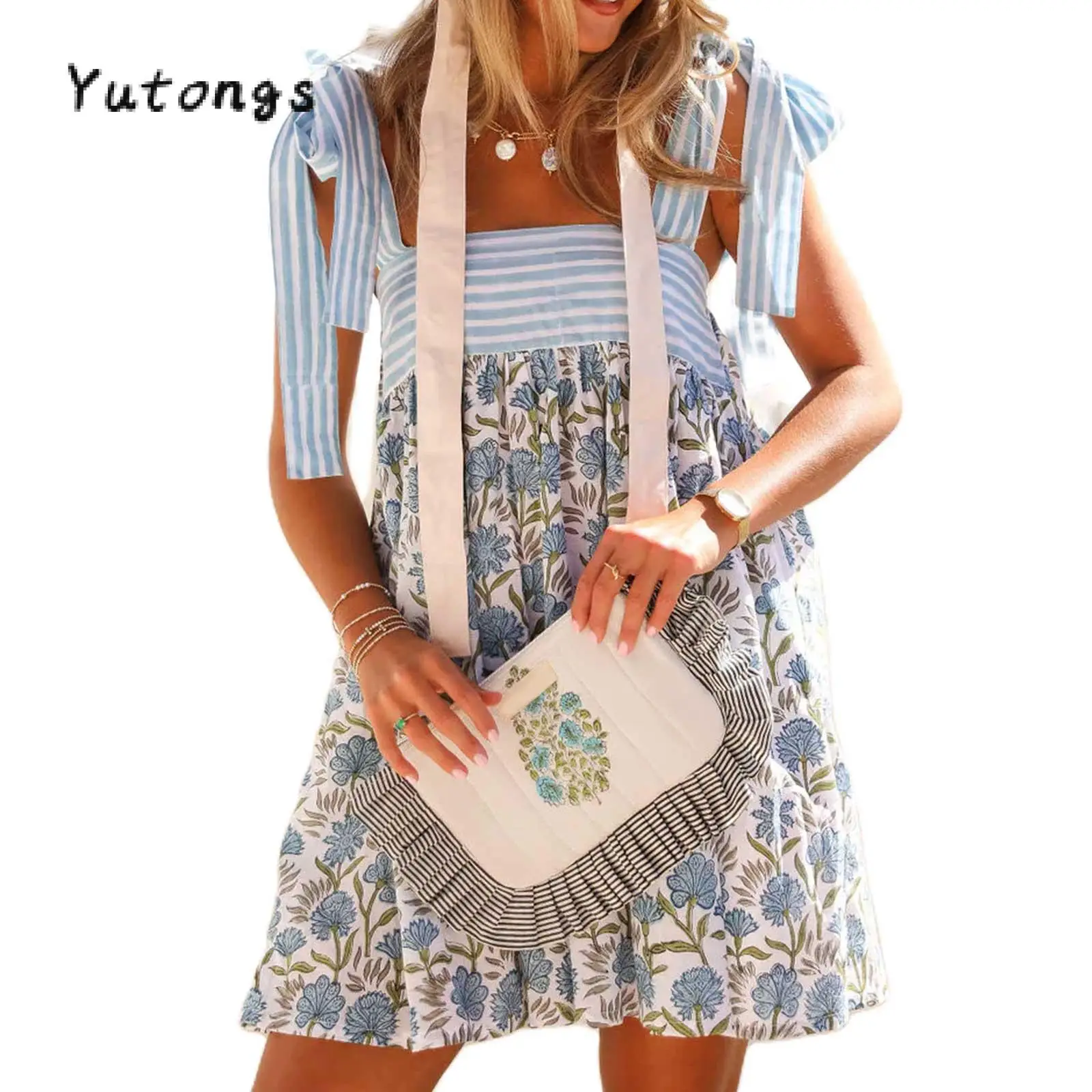 #TikTokShopBacktoSchool Women's Summer Short Cami Dress Sleeveless Open Back Tie Shoulder Floral Dress with 2 Pockets