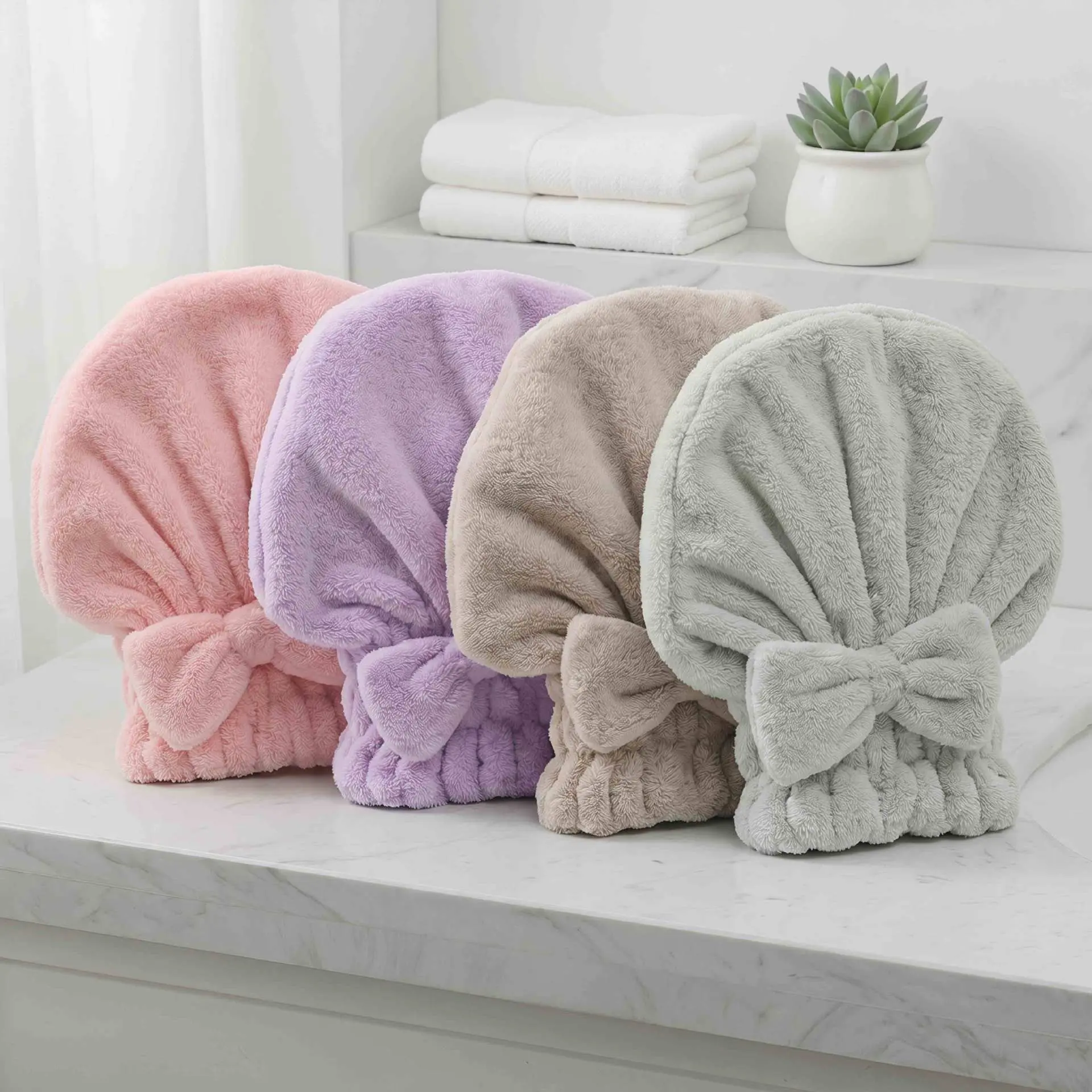 Women's 2-Piece/4-Piece Bow Decor Shower Caps & Hair Drying Cap Set, Soft Ultra-Absorbent Reusable Hair Towel Wrap, Camping Essential Self Care Products (Sports & Outdoor)