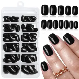Solid Color Short Press On Nails, 120pcs/box Glossy Black Press On Nails, Reusable Solid Color Fake Nails For Nail Art Kit