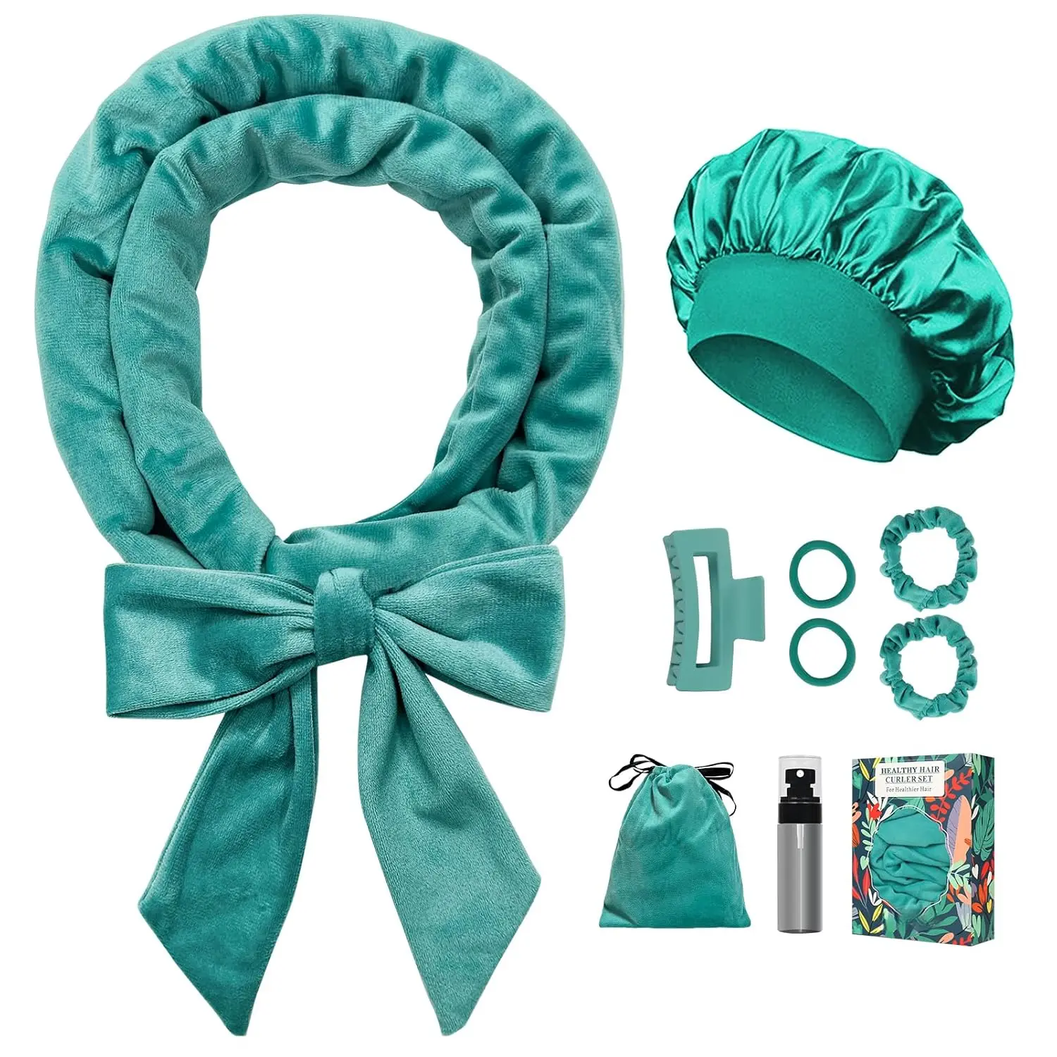 Women's Blue Green Velvet Heatless Curling Rod Headband, 70in Long Roller for Heatless Overnight Natural Easy Curls, 9-Piece Mother's Day Gift Set with Satin Sleep Bonnet, Heatless Curls, Overnight Curls