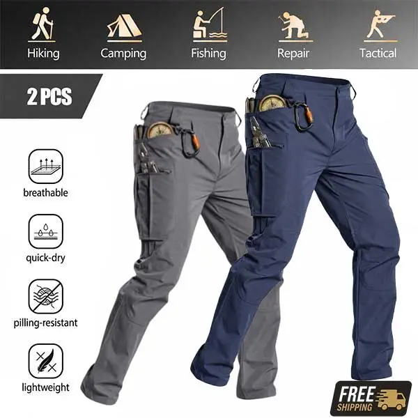 2-Pack Men’s Tactical Pants, Slightly Stretchable Waterproof Fabric, Durable Hard Shell Construction, Wear-Resistant Workwear Pants, Checkered Fabric, Suitable for Hiking, Casual Wear, and Work, Multi-Pocket Design (Belt Not Included)