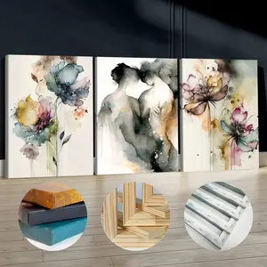 3Pcs Wooden Framed Canvas Painting, Abstract Watercolor Women And Flowers Images, Exquisite Poster, Home Decoration, Pattern Wall Art Decor, For Living Room, Bedroom, Office, Restaurant, Bar Wall Decor, Odorless, Painting, Print Artwork.