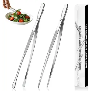 2 count 12-Inch Stainless Steel Kitchen Tweezers, Dual-Tip Serrated Tongs with Hook - Heat-Resistant Non-Slip Cooking Tweezers for BBQ, Grilling,  & Serving