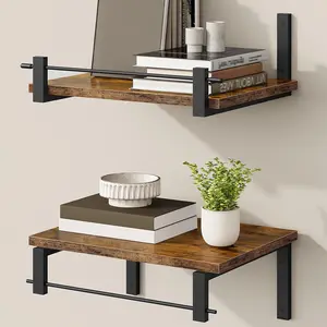Deep Floating Shelves for Wall, 12 inch Wall Mounted Shelves Set of 2, Wide Floating Shelves for Living Room, Bedroom, Study, Bathroom, Rustic Brown and Black