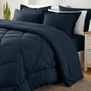 Orbby Navy Blue Comforter Set 5PC – Soft Microfiber Bed in a Bag, All Season Bedding with Deep Pocket Sheets, Modern Dorm Essential