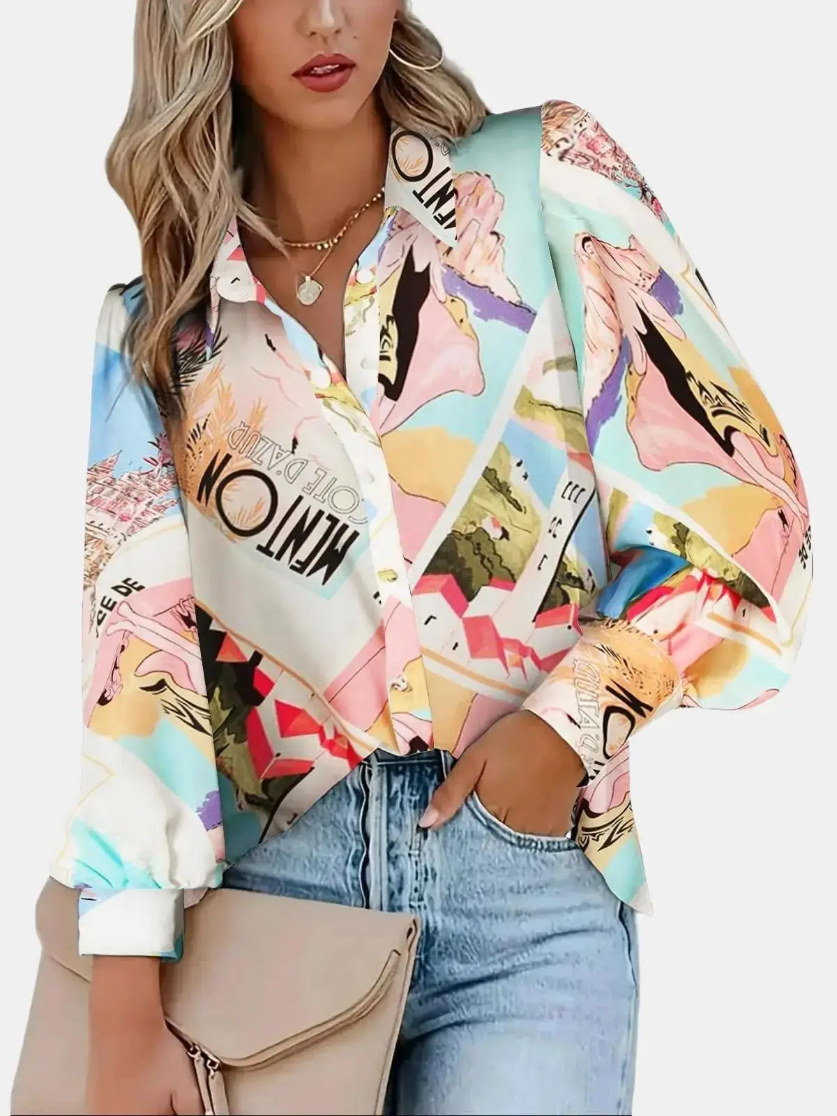 ZEAGOO Women's Long Puff Sleeve Blouse, Feminine Printed Light Collared Button-Down Top for Work Office