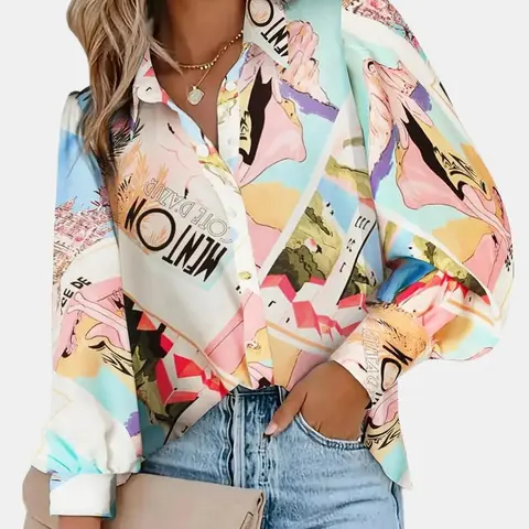 ZEAGOO Women's Long Puff Sleeve Cute Printed Collared Button-Front Blouse - Soft Work, Office, Business Casual Fashion Tops for Women
