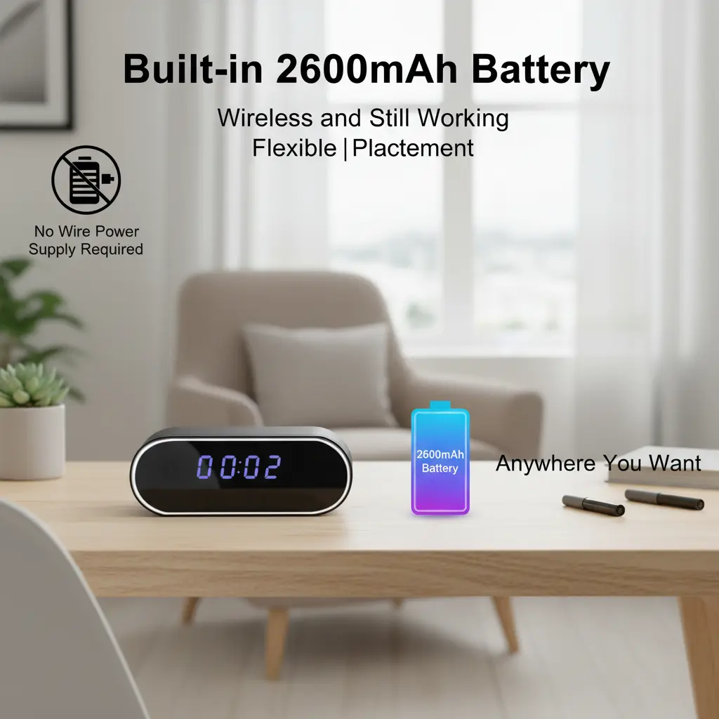 2-in-1 Clock, HD WiFi | Remote Viewing via WiFi & AP Hotspot | Local Recording on SD Card | 2600mAh Rechargeable Battery for Wireless Use | Night Vision | Motion Detection | Home, Office, Indoor Use | Smart Home & Office Device