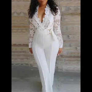 Elegant white lace-trimmed long-sleeve women's jumpsuit