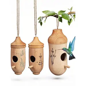 Hummingbird House Wooden Outdoor Birdhouse Hanging Hummingbird Birdhouse With Rope For Outdoor Gardening Gifts-Hummingbird House