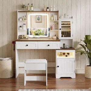 Vabches Vanity Desk with Mirror and Lights, Makeup Vanity Table Set with Glass Top, Power Outlet & Chair, Large Dressing Table with RGB Light, Jewelry Cabinet & Lots Storage, Adjustable Brightness for Girls