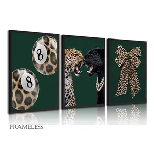 3-Piece Canvas Art Set | Stylish Leopard-Print Canvas Wall Art | Cool “Lucky No. 8” Ball Poster | Artwork | Cheetah Bow | Preppy-Style Art | Decor for Bedrooms, Dorm Rooms, Living Rooms, and Bathrooms | Frameless