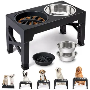 Elevated Dog Bowls — 5-Height Adjustable Stand with 2 Stainless Steel Bowls & Slow Feeder, 3.2"–12.2" for Small to Large Dogs