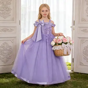 0028 Tween Girls' Faux Pearl Decor Bow Mesh Elegant Birthday Party Dress Suitable For Weddings And Formal Events