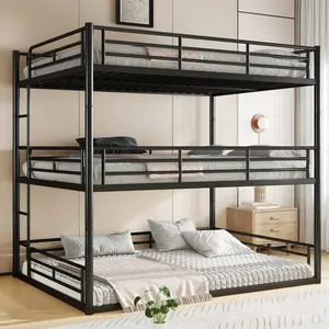 Triple Bunk Bed Queen over Queen over Queen Bunk Bed, Heavy-Duty Metal Triple Bunk Bed with Safety Guardrails, Heavy-duty Bunk Bed with Noise-reduced Design, Black