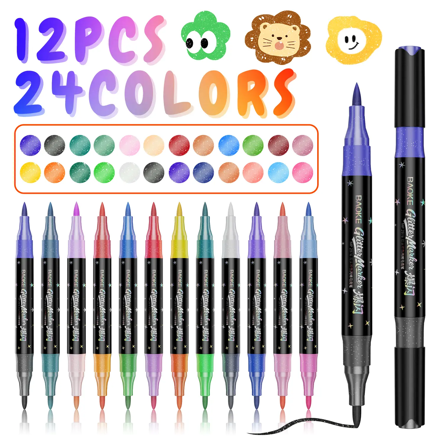 24-Color Glitter Effect Dual-Tip Dual-Color Brush Markers Set, 1-6 mm Soft Brush Sparkle Finish Pens for Art Crafting, Back to School Office Art Supplies