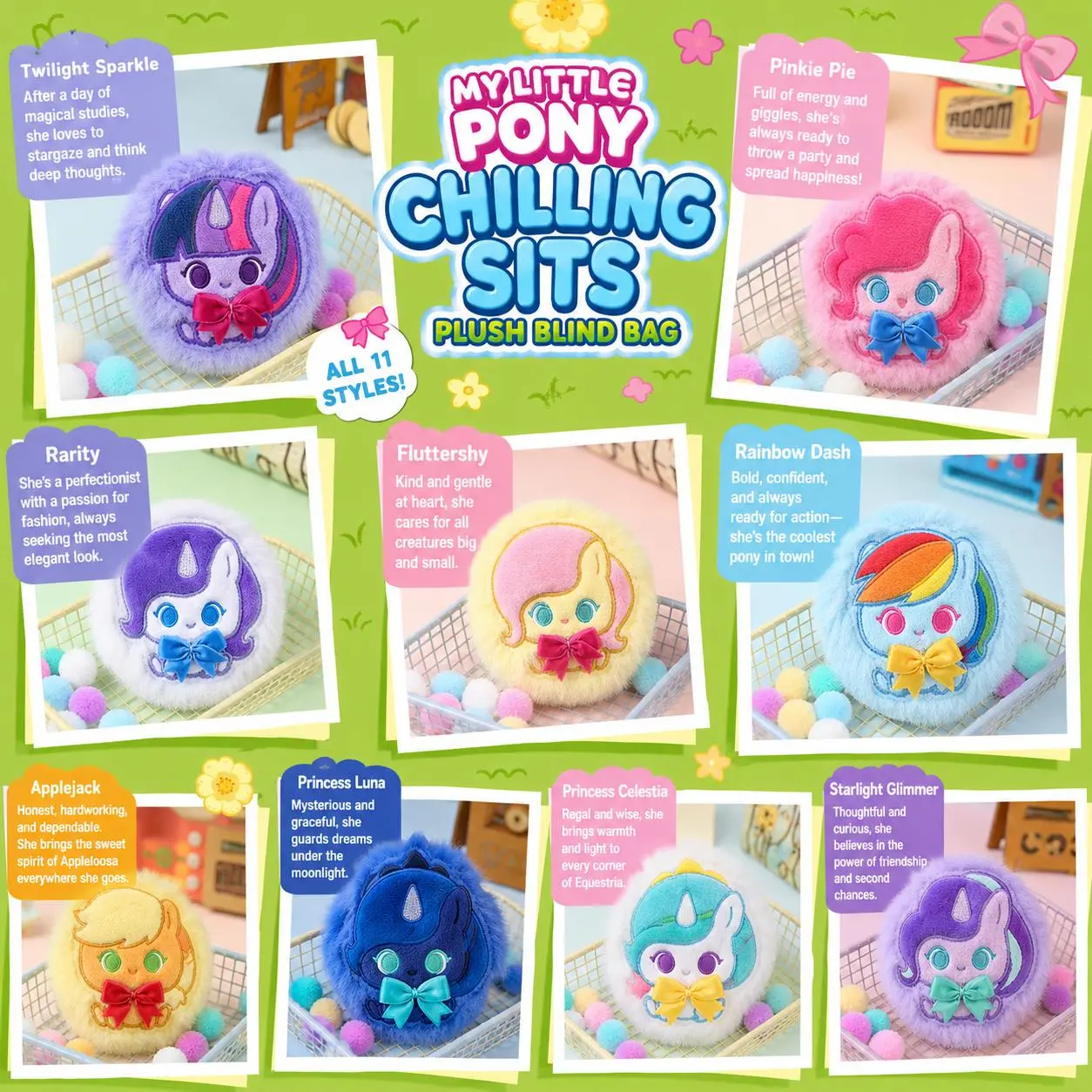My Little Pony Chilling Sits Series Plush Blind Bag Vol.1, Soft Plush Collectible Blind Bag, Mystery Surprise Plush Pendant, Backpack Bag Charm, Cute Gift for MLP Fans Girls, Plush Toy Collection, Kawaii Plush Accessories