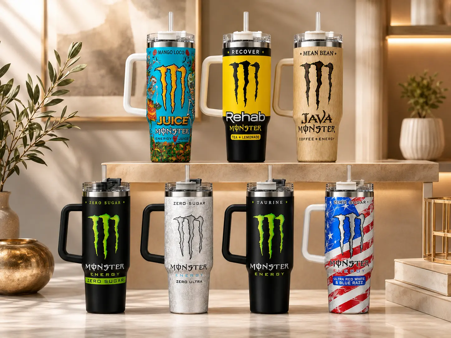 M0NSTER Tumbler, 20-40oz Stainless Steel Cup With Handle and Straw, Double-Wall Insulated Cartoon Travel Mug, Gift for Your Health