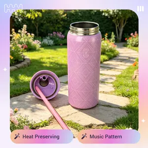 Music Pattern Pink Water Bottle 32oz 945ML with Straw FreeSip Heat Preservation Over 24 Hours Insulates Cold Hot Water Ideal for Camping Work Indoor Outdoor Use Drinkware Insulation Tumbler Mug Bottled Portable