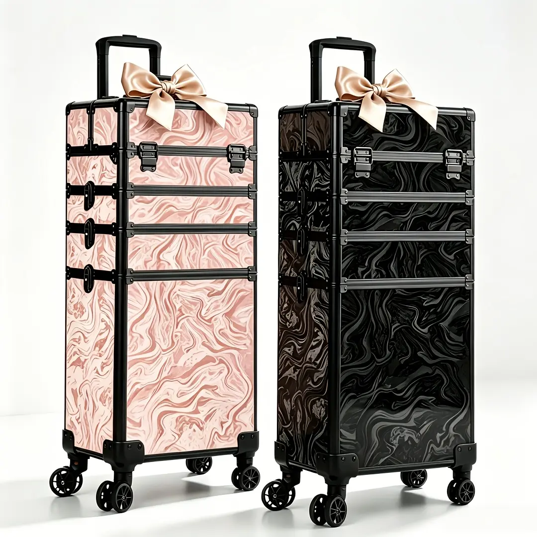 KEEYOTEK Unique Ink Marble Rolling Cosmetic Storage Box, Aluminum Frame Makeup Trolley with 360° Silent Dual Universal Wheels, Wear-Resistant Sturdy Large Beauty Organizer for Makeup Artist Salon Travel