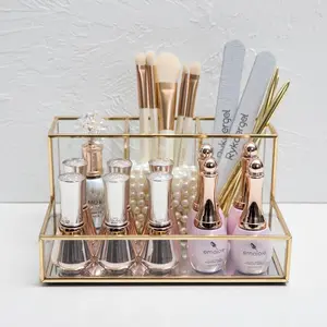 Golden Glass Makeup Organizer Bathroom Cosmetic Organizer with Multiple Storage Spaces for Makeup and Accessories