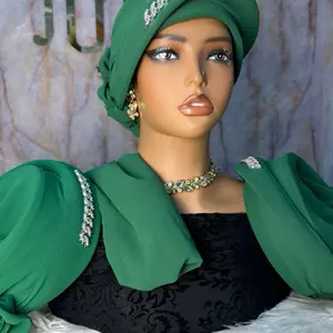 Elegant Green Hat with Rhinestone Accents and Puff Sleeves for Women