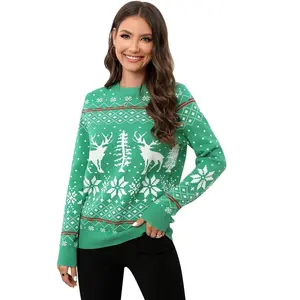 Clearlove Matching Family Ugly Christmas Reindeer Snowflakes Sweater Pullover for Women Green S