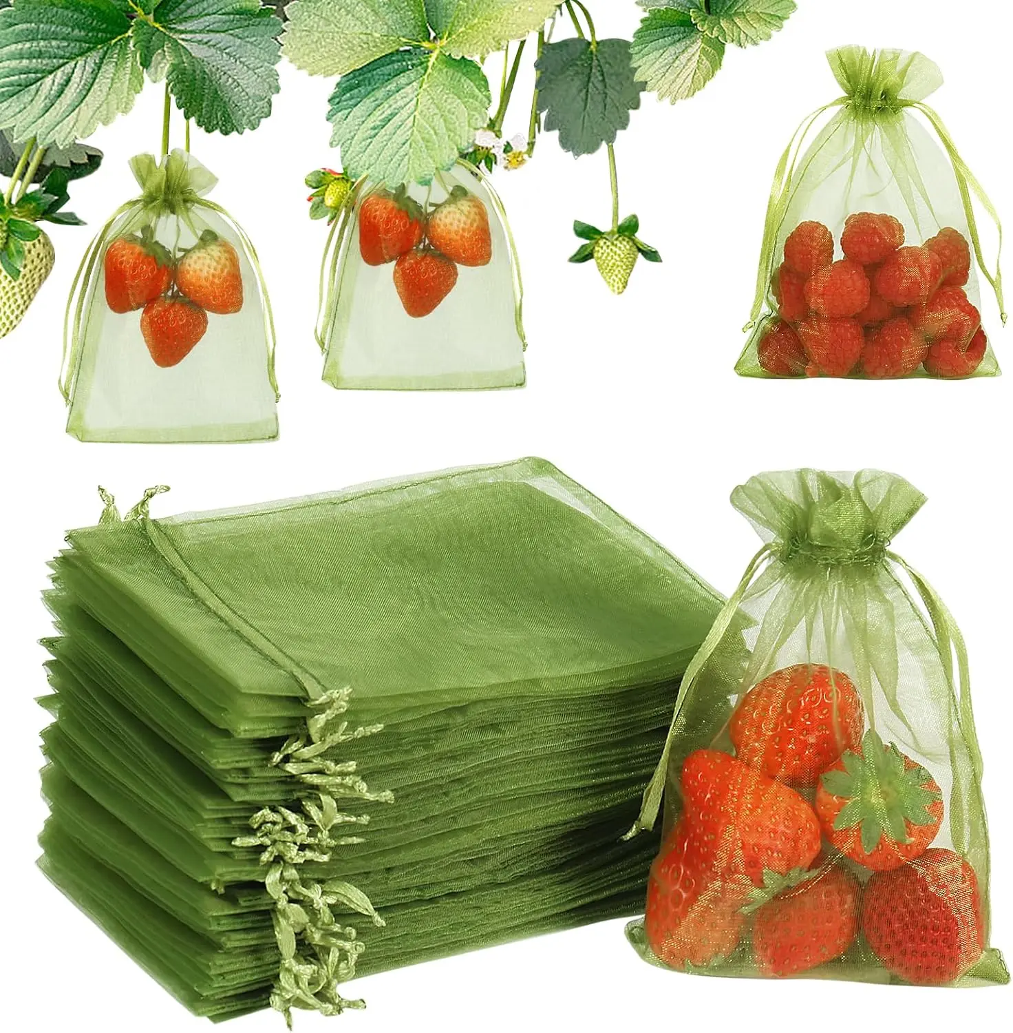 100 count Fruit Protection Bags, 4x6 Inch Green Fruit Netting Cover Drawstring Mesh Bags Pest Barrier for Strawberry Blueberry Small Fruit