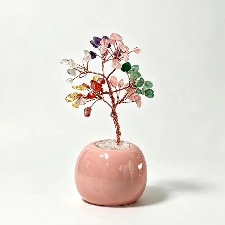 7 Chakra Crystal Money Tree with Pink Ceramic Base, Natural Chakra Healing Crystal Tree Ornament, Handmade Copper Wire Crystal Bonsai, Feng Shui Wealth Luck Desk Decor, Spiritual Meditation Crystal Gift