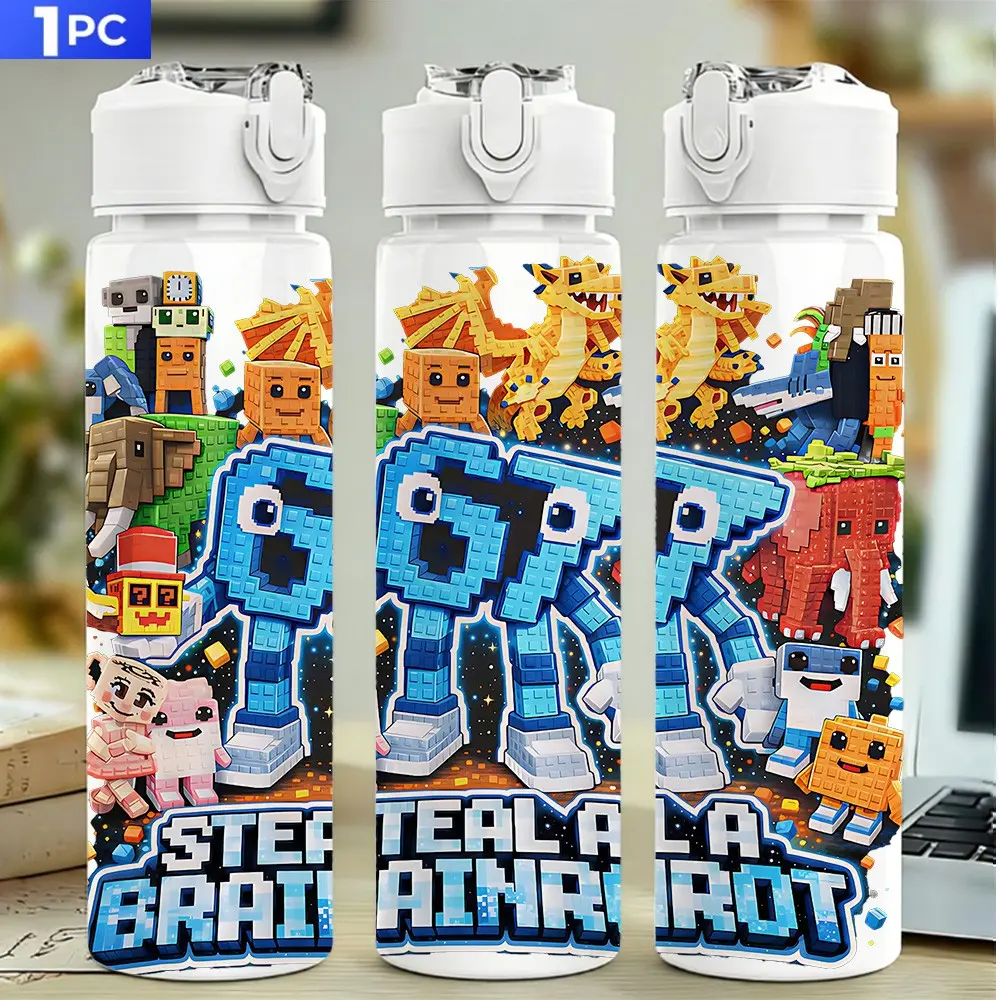 Cute Cartoon Robot 67 Sports Water Bottle with Straw & Lid, Strap, 750ml 25oz Large Capacity Tumbler, Flip Top, Leak-Proof, Portable, Reusable, Glossy Finish, Perfect for Camping Travel School Gifts, Drinkware, Leakproof Water Bottle