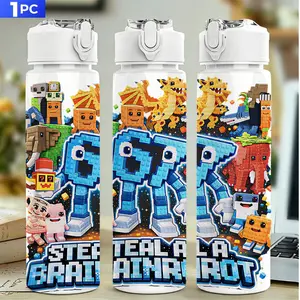 Cute Cartoon Robot 67 Sports Water Bottle with Straw & Lid, Strap, 750ml 25oz Large Capacity Tumbler, Flip Top, Leak-Proof, Portable, Glossy Finish, Perfect for Camping Travel School Gifts