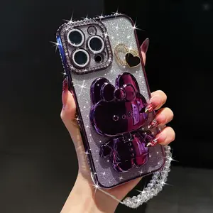 Rhinestone Decor Phone Case with Ring & Chain, Anti-drop Cellphone Protective Case, Shockproof Mobile Phone Cover for iPhone, Casing, Accessories