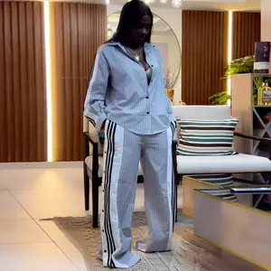 CELOT KEVER Women's Summer Fashion Striped Long Sleeve Shirt & Wide-Leg Pants Set - Casual 100% Cotton Comfortable Outfit