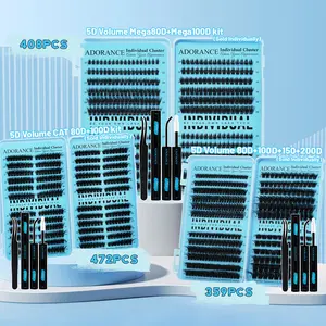 ADORANCE Lash Extension Kit 408/359/472 Pcs Cluster Eyelash Extensions Kit with Lash Bond and Seal, Tweezers Included, DIY Individual Lashes for Natural Volume Wispy Salon-Style Eyelash Extensions at Home