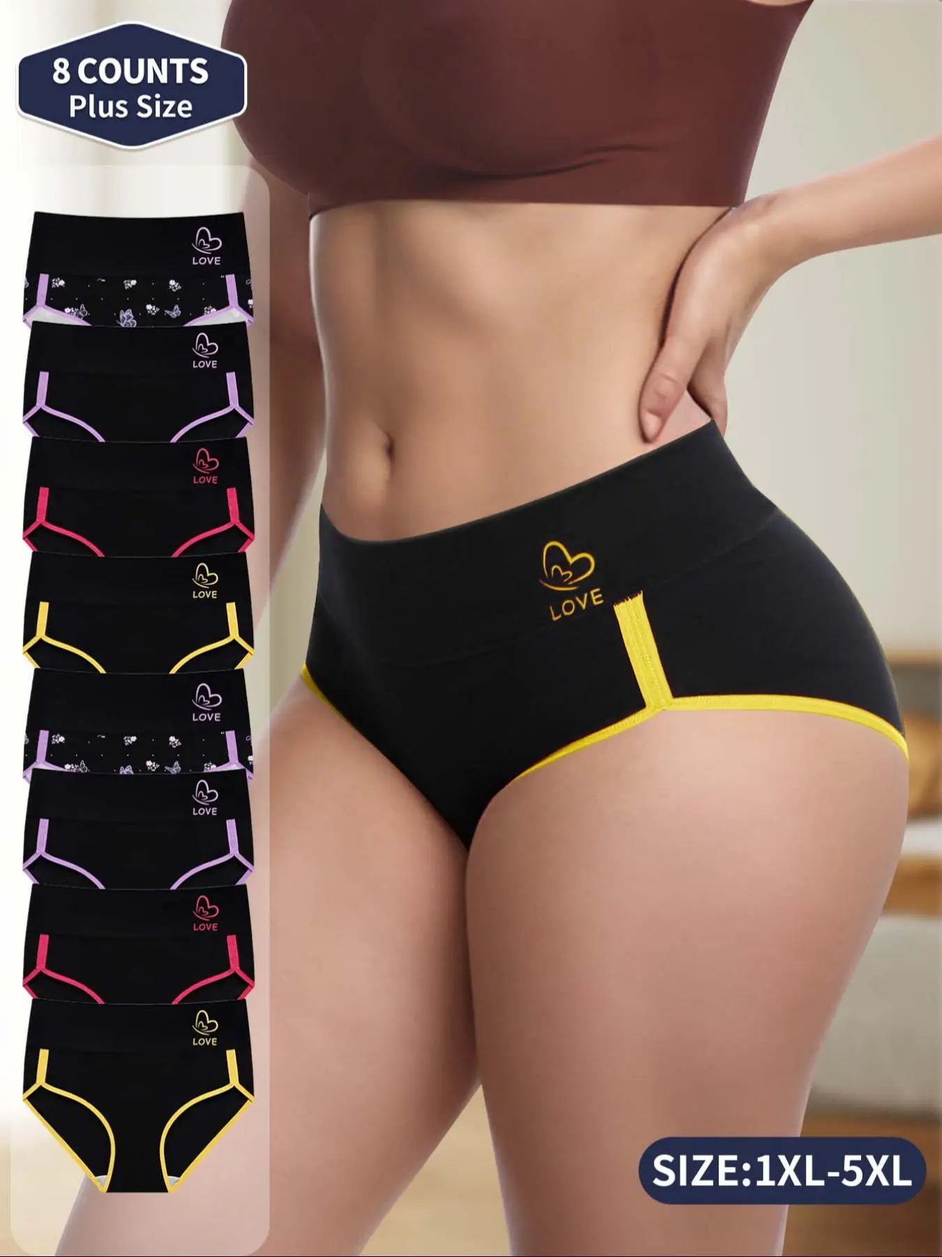 8-Pack MEIYATING  Plus Size Women's Daily Wear Underwear, Elastic Underwear, Intimates Panties, Mid-Waist Comfortable Colorblock Briefs, Waist Cinching Panties, All Seasons
