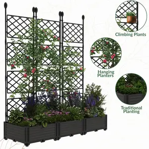 [TOP RATED - FLASH SALE] Garvee 3-Pack Plastic Planter Boxes w/Metal Trellis - Modular Privacy Screen & Raised Garden Bed for Balcony/Patio, Black