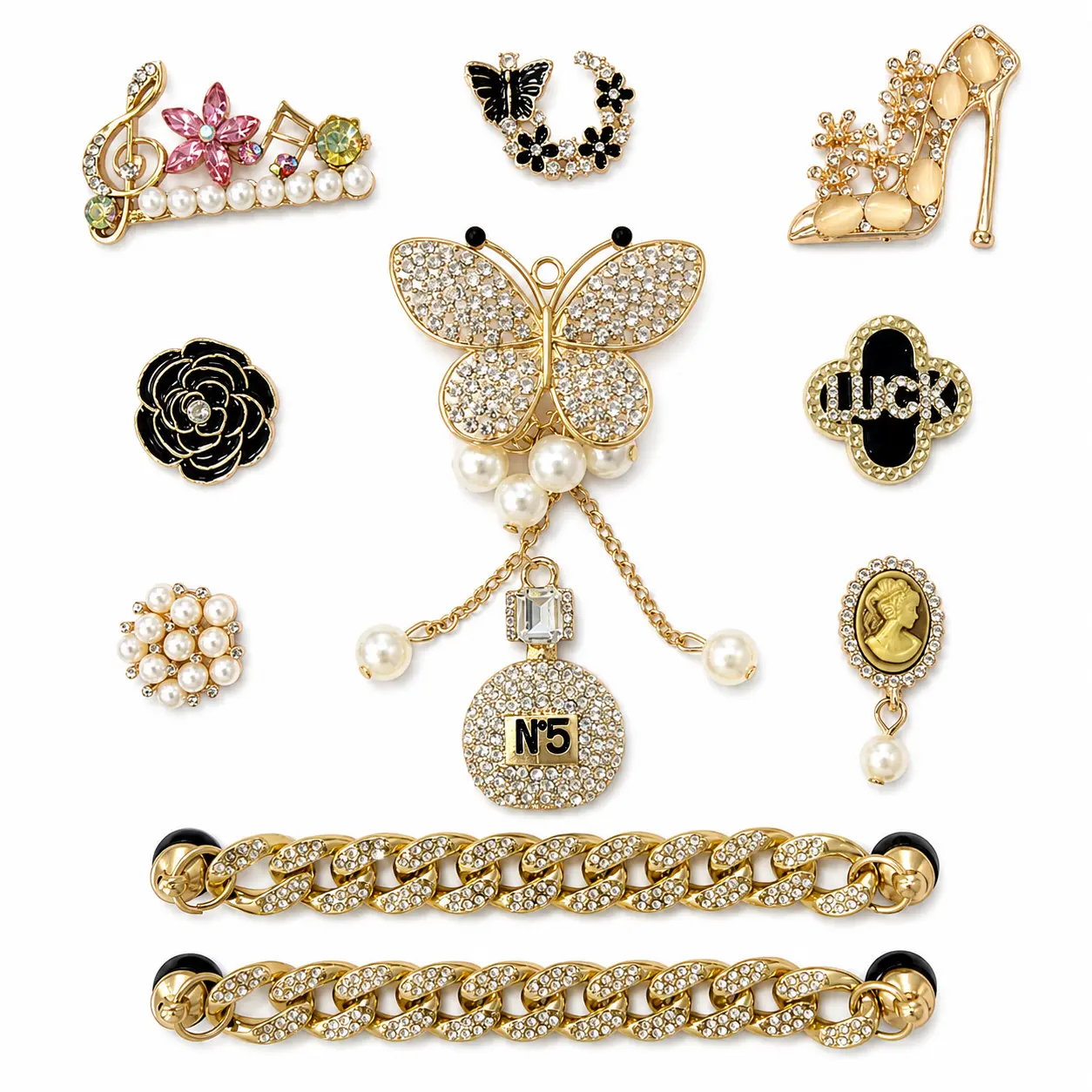 12pcs Bling Shoe Charms Set, Gold Rhinestone Chain & Black Pearl Butterfly Flower High Heel Charms for Clog Sandals DIY Decoration