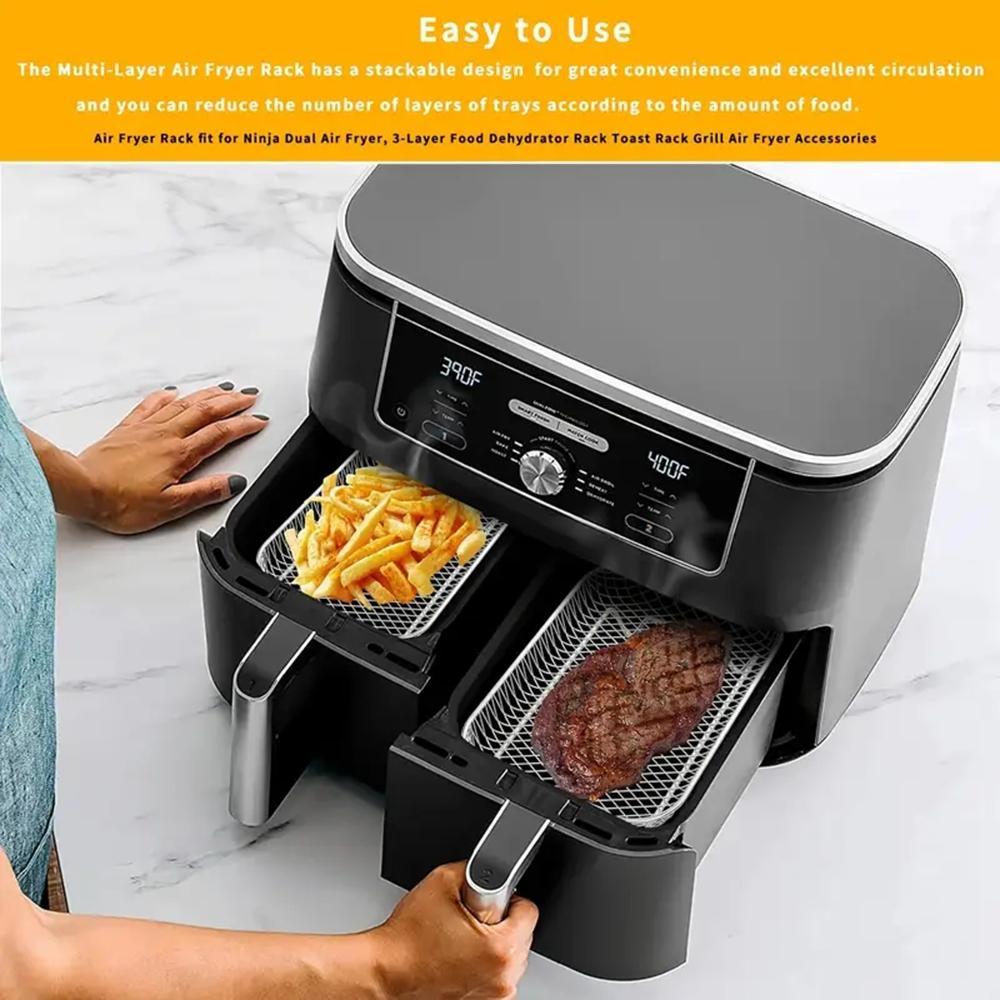 2-Layer 304 Stainless Steel Air Fryer Rack, Stackable Grill Basket and Toast Rack for Chicken Wings and Toast, Cooking Rack for Indoor Grill Accessories