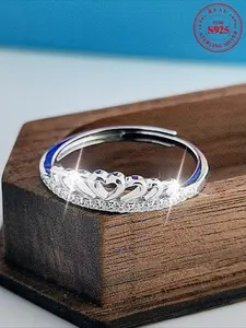 S925 Sterling Silver Crown Design Artificial Zircon Inlaid Ring, Exquisite Adjustable Design Ring, Fashion Jewelry Accessories for Women