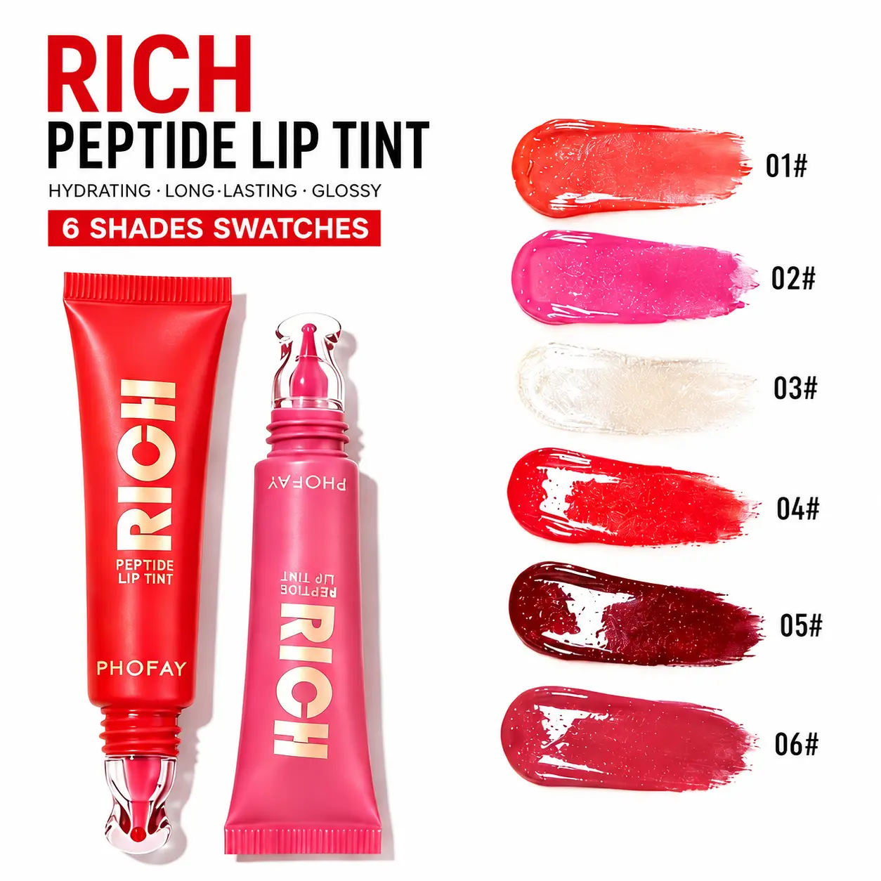 PHOFAY Hydrating Peptide Lip Tint, Long-Lasting Glossy Lip Stain, Moisturizing Non-Sticky Lip Gloss, Plumping Shiny Lip Color for Dry Lips, 6 Shades
