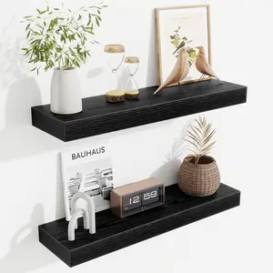 Floating Shelves Set of 2, 24 Inch Floating Shelves for Wall, Wood Wall Shelves with Invisible Brackets, for Bathroom, Bedroom, Living Room, Kitchen, Black
