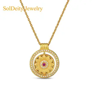 Round Rotate Sunflower Necklace Sterling Silver Zircon Gemstone Spinning Anxiety Pendant Anti-Stress You Are My Sunshine Fidget Jewelry Birthday Christmas Gifts for Women Wife Her