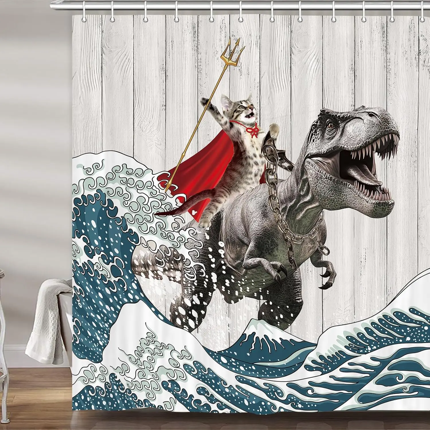 [Memorial Day Deals] Funny Cat Shower Curtain Riding Hilarious Dinosaur Surfing Cool Japan Anime Shower Curtain Funny Japanese Cat for Boys Men Waterproof Polyester Fabric Bathroom Bathtub