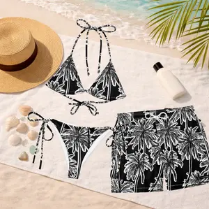 Punaluʻu Tropical Palm Matching Swimwear 2026, Women's String Bikini & Men's Swim Trunks, Black White Couple Swimsuits, Minimalist Beachwear, Honeymoon Vacation Outfit