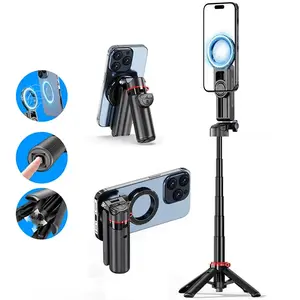 Magnetic Pocket Selfie Stick for iPhone, 4-in-1 Multifunctional Rotation Selfie Stick with Rechargeable Remote Control Compatible with iOS/Android for Live Streaming Outdoor Travel Shooting