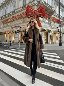 Women's Winter Faux Fur Coat, Elegant Thickened Collar Vintage Loose Fit Long Sleeve Mid-Length Jacket, Daily Fashion Outerwear