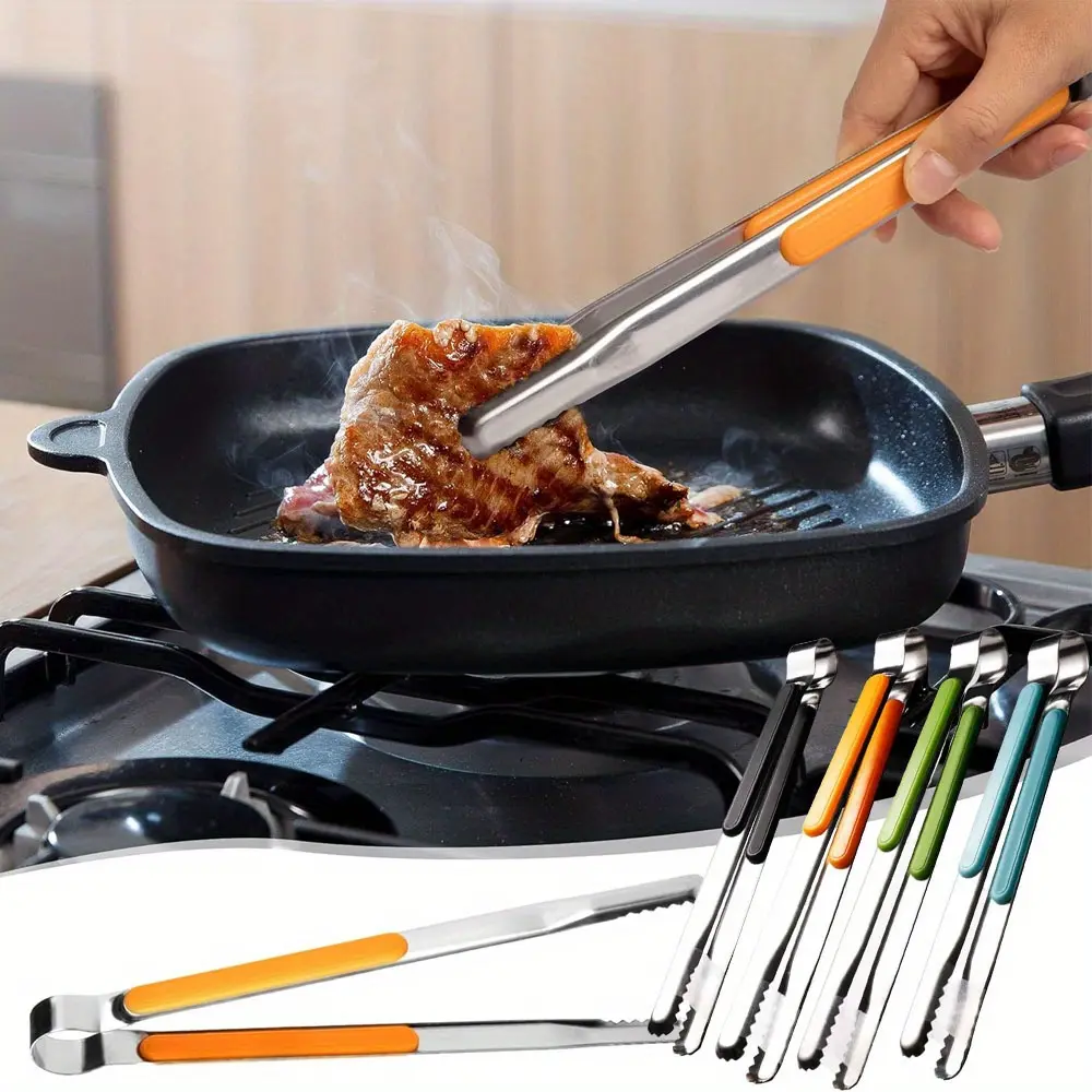4 Pieces BBQ Tongs, 10 inch Korean Barbecue Tongs, Grill Tongs, Kitchen Tongs for Cooking, Stainless Steel Meat Tongs, Heavy Duty Food Tongs, Bread Clip, Ice Clips